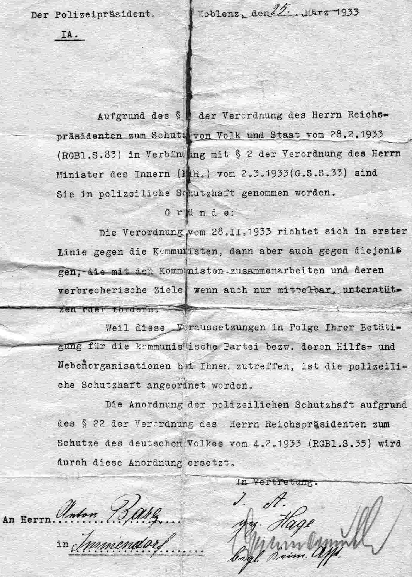 Verhaftung von Karl Barz 1933